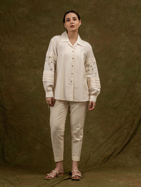 Off White Embroidered Khadi Cotton shirt