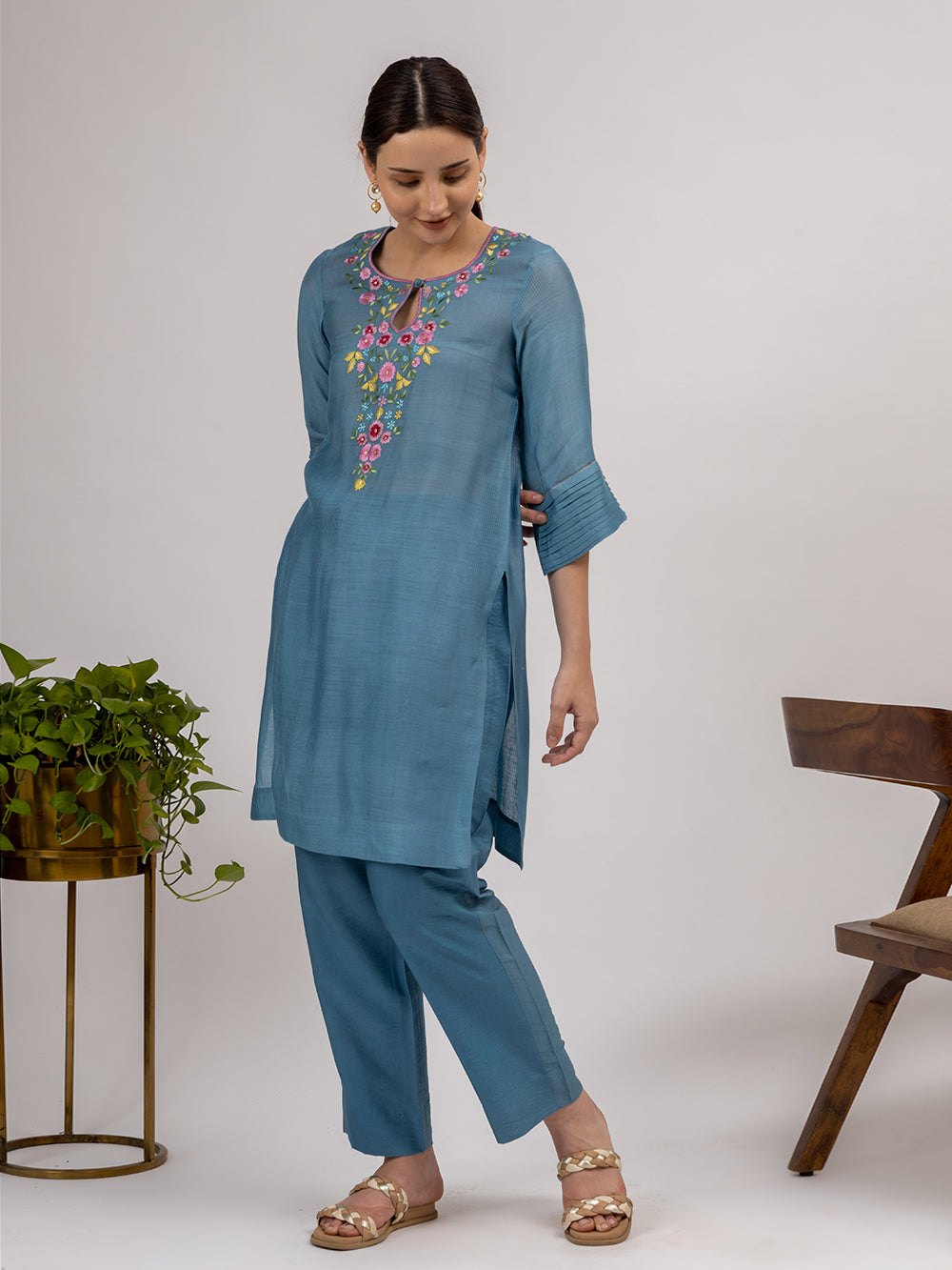 Teal Blue Embroidered Maheshwari silk Kurta