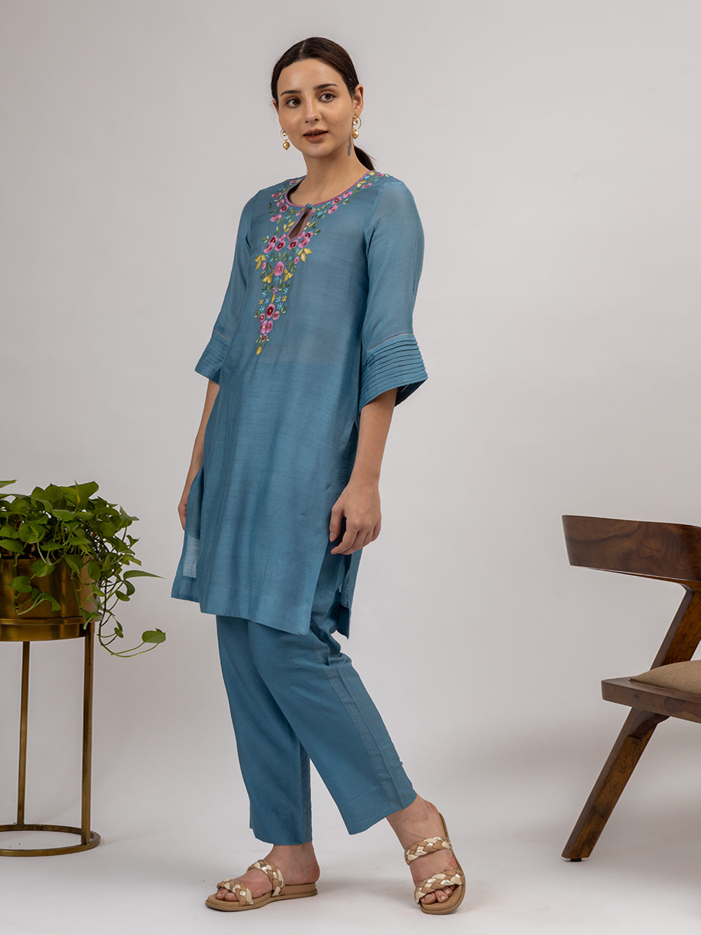 Teal Blue Embroidered Maheshwari silk Kurta