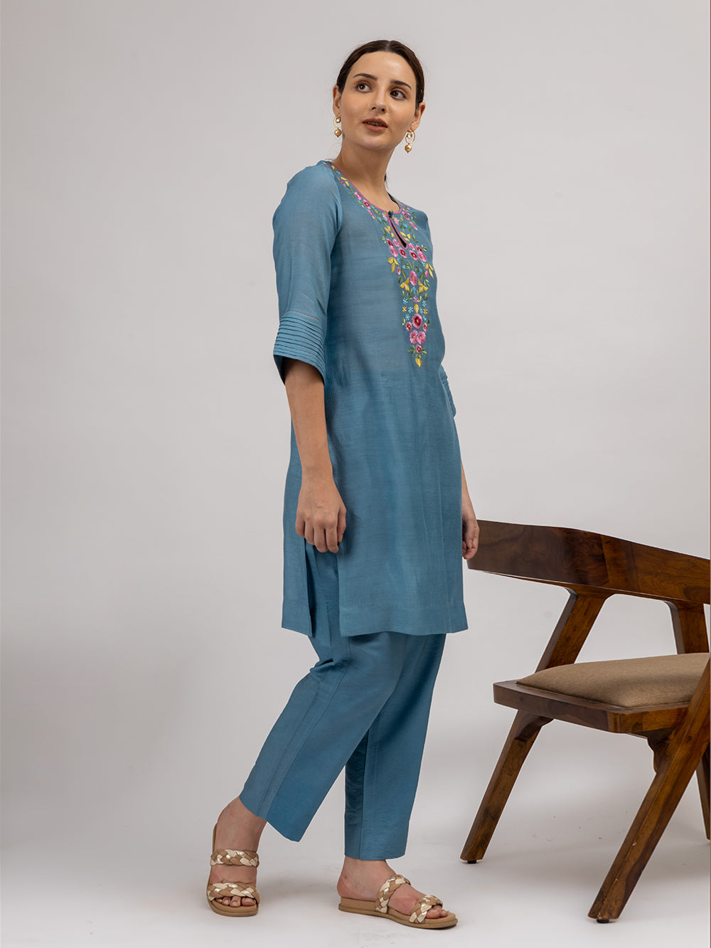 Teal Blue Embroidered Maheshwari silk Kurta