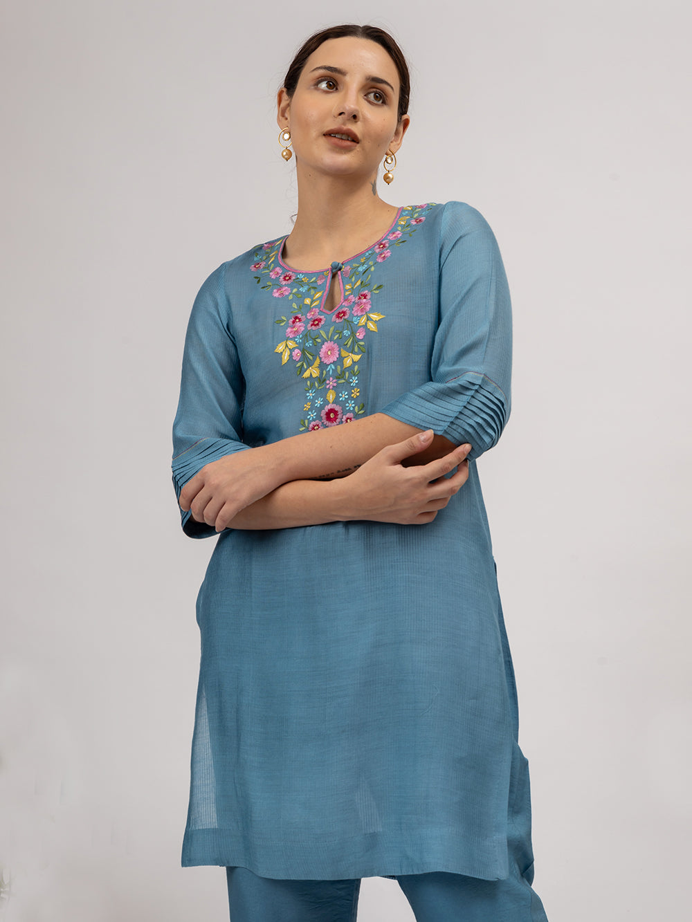 Teal Blue Embroidered Maheshwari silk Kurta