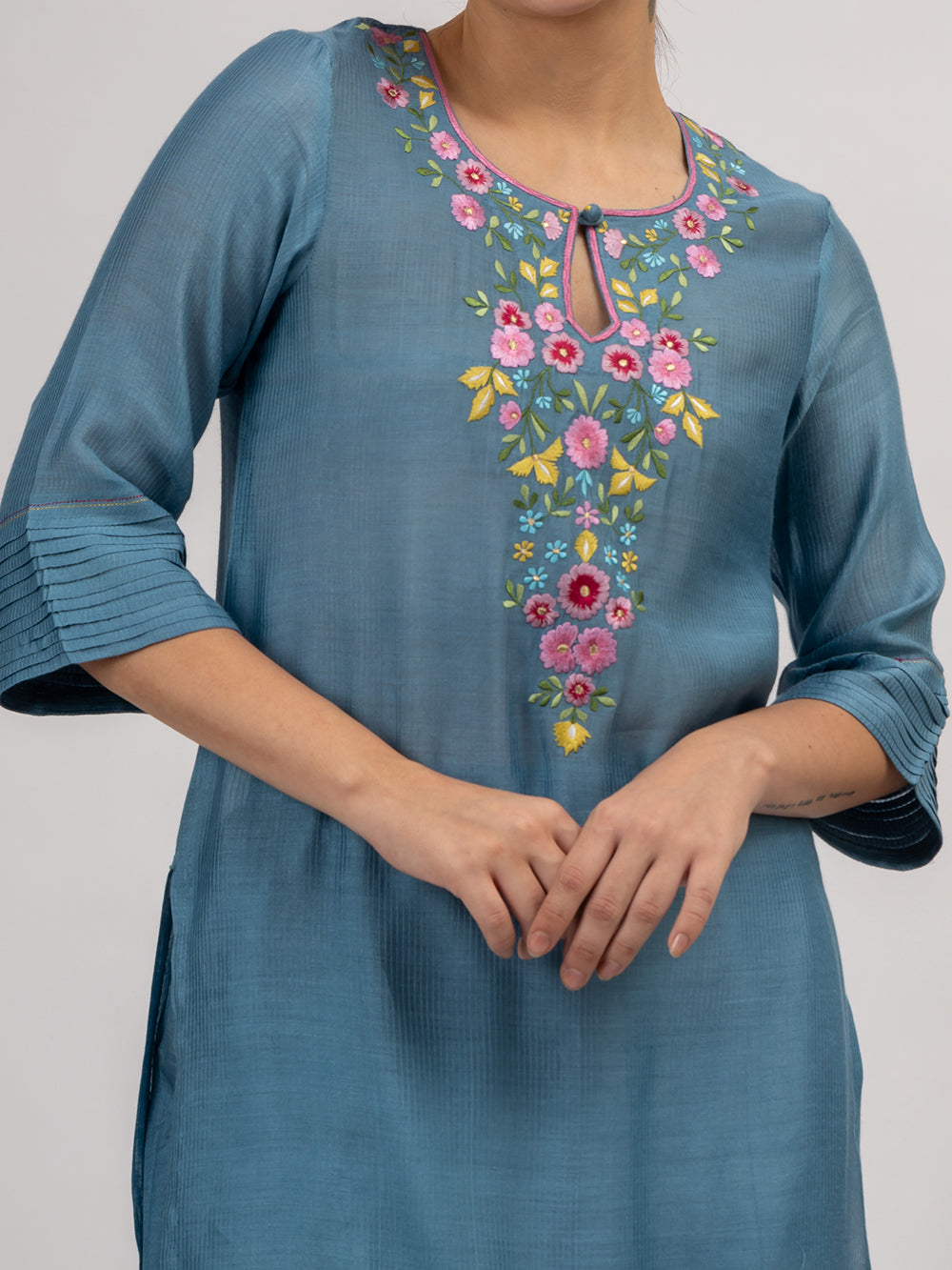Teal Blue Embroidered Maheshwari silk Kurta