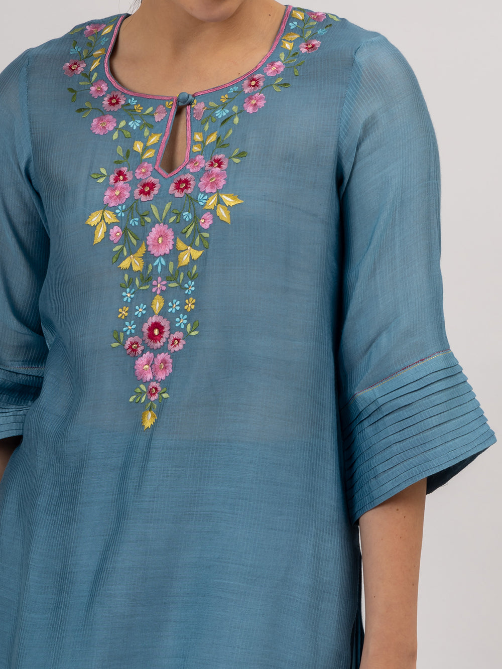 Teal Blue Embroidered Maheshwari silk Kurta