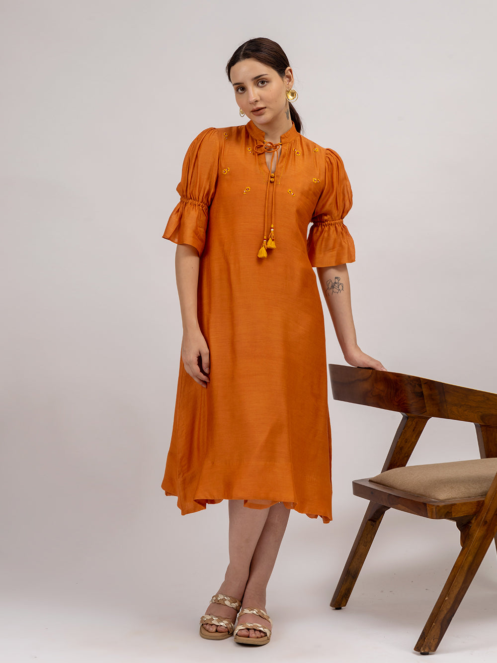 Rust Orange Embroidered Maheshwari silk Kurta