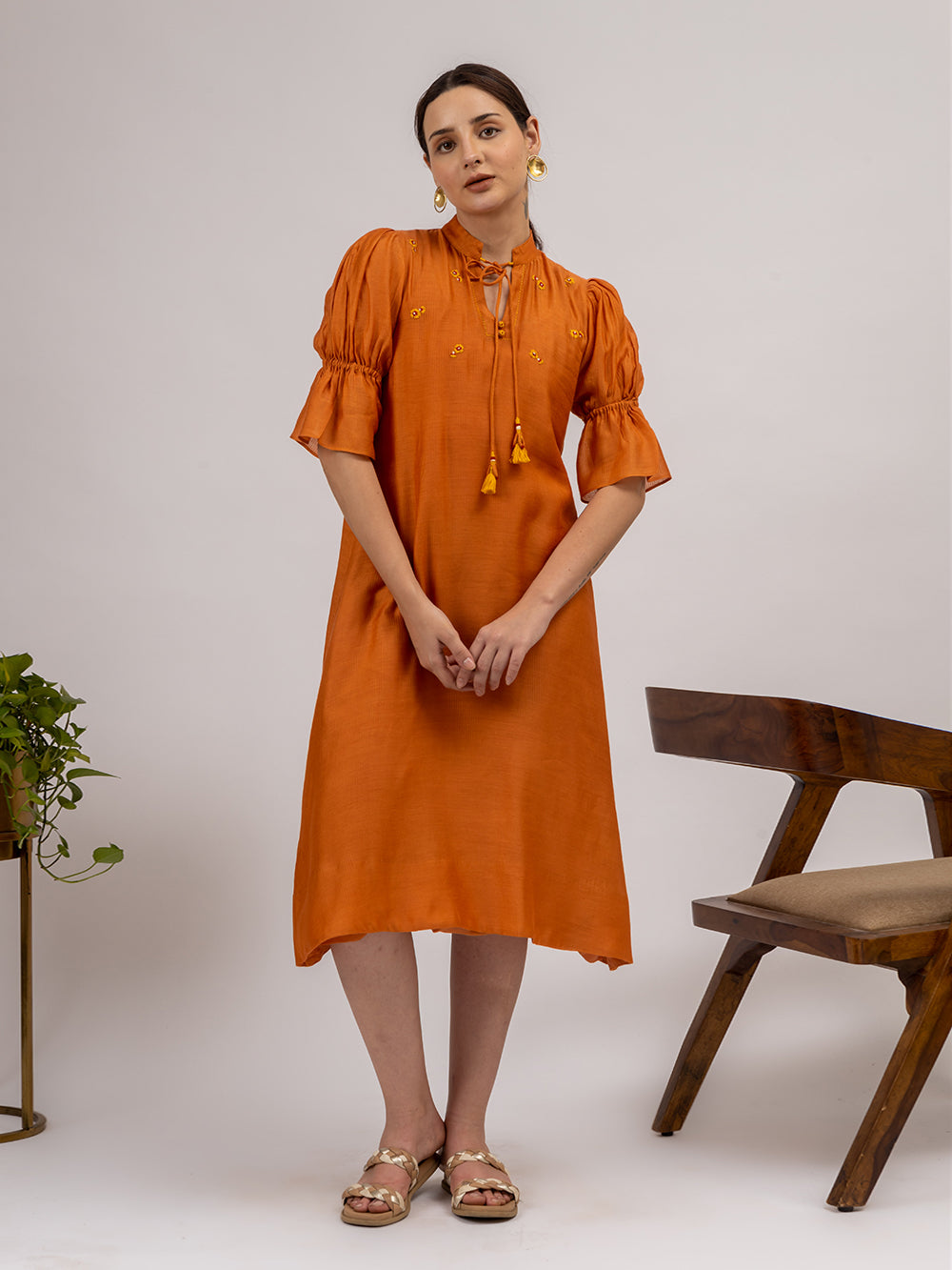 Rust Orange Embroidered Maheshwari silk Kurta