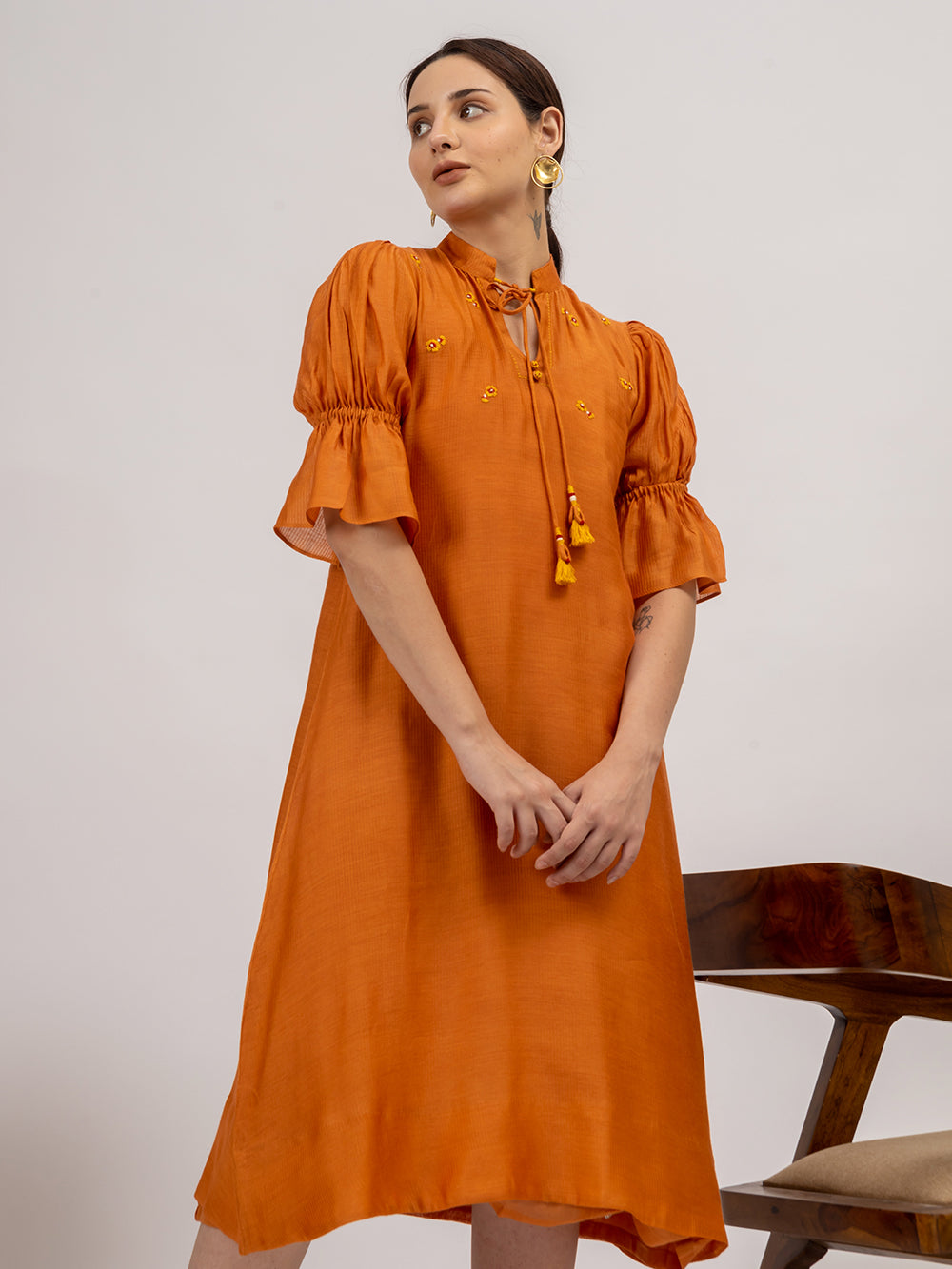 Rust Orange Embroidered Maheshwari silk Kurta
