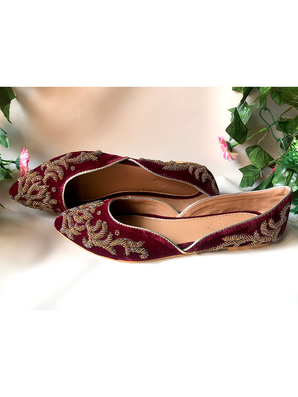 Maroon and Dull Gold Vegan Leather Embroidered Jutties
