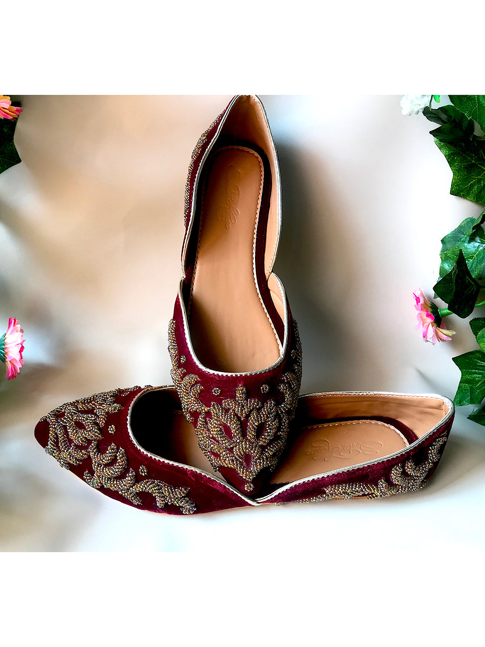 Maroon and Dull Gold Vegan Leather Embroidered Jutties