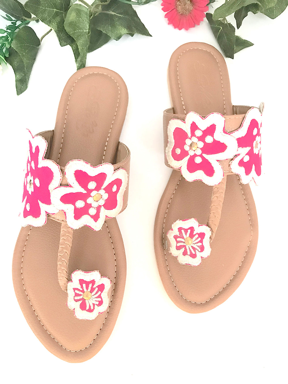 Beige and Pink Leather Flats