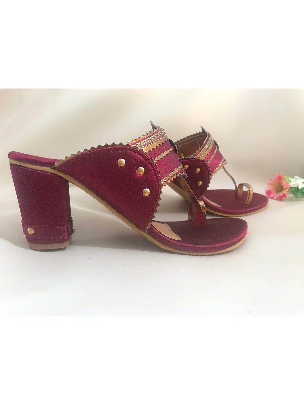 Gem Stone Maroon and Antqiue Gold Vegan Leather Block Heel