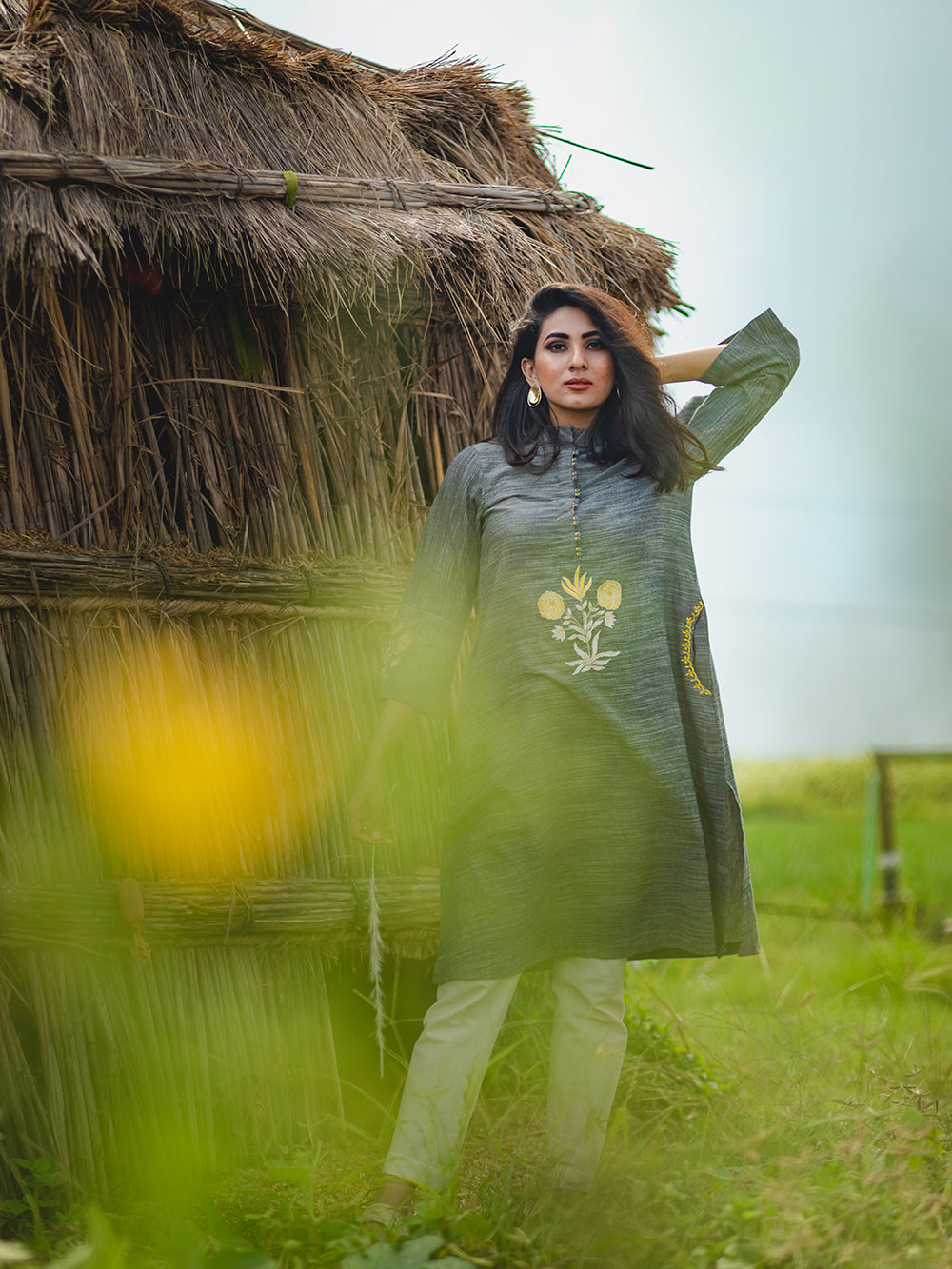 Black Slub Hand Embroidered Cotton Kurta