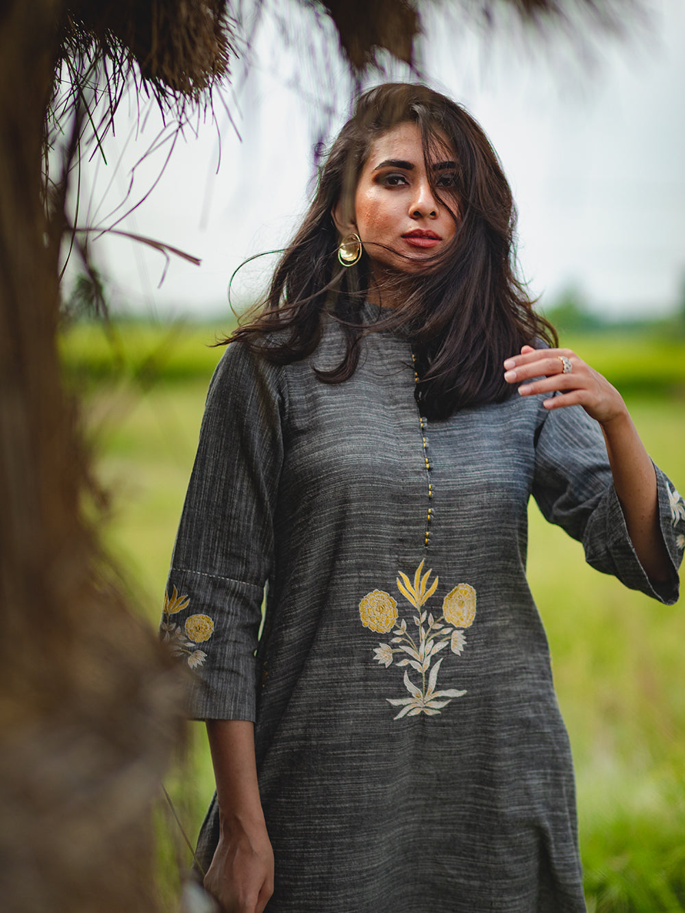 Black Slub Hand Embroidered Cotton Kurta