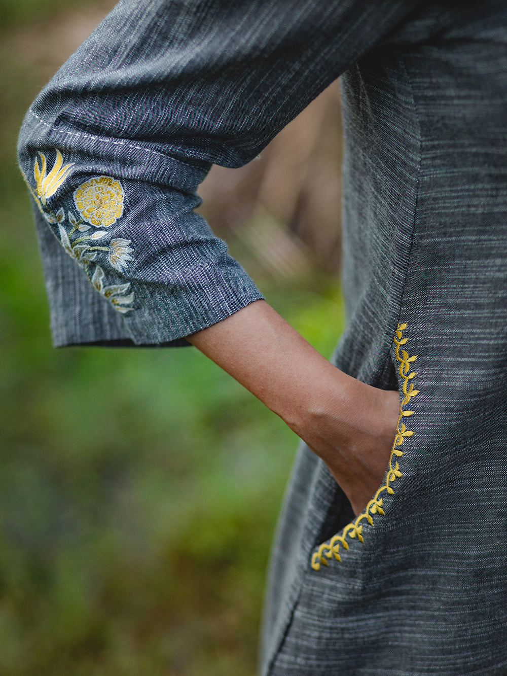 Black Slub Hand Embroidered Cotton Kurta