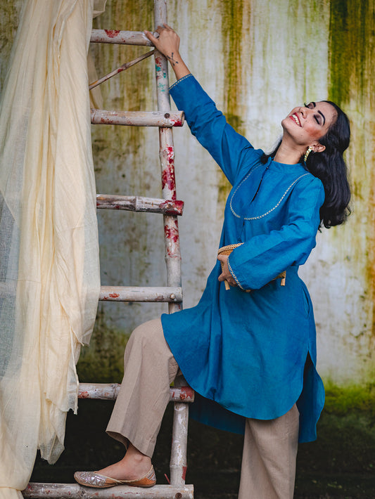 Blue Cotton High-Low Style Tunic