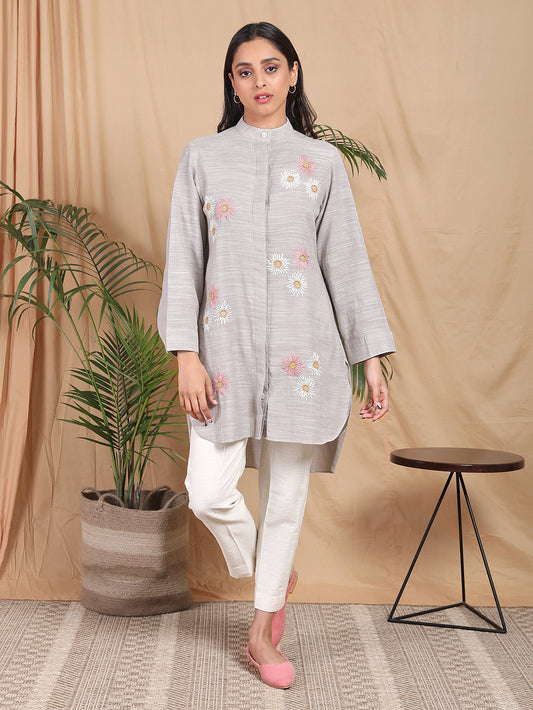 Grey Hand embroidered cotton shirt