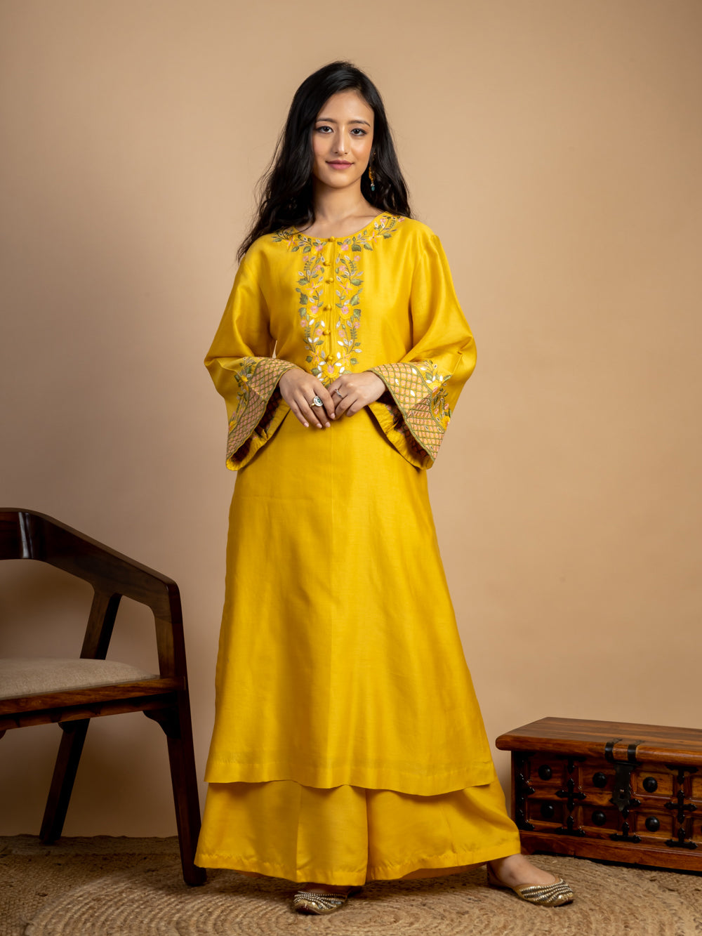 Yellow Embroidered Chanderi Kurta