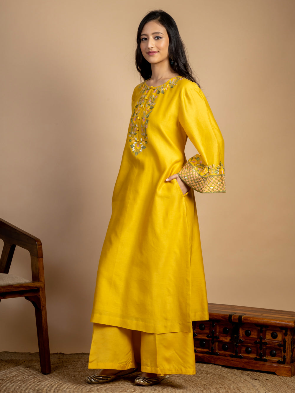 Yellow Embroidered Chanderi Kurta