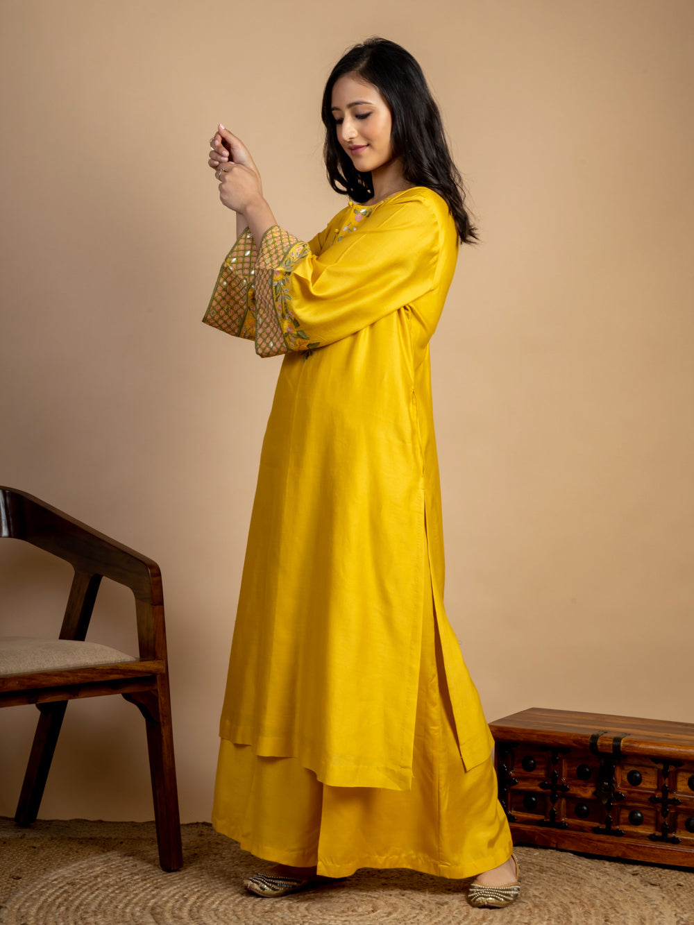 Yellow Embroidered Chanderi Kurta