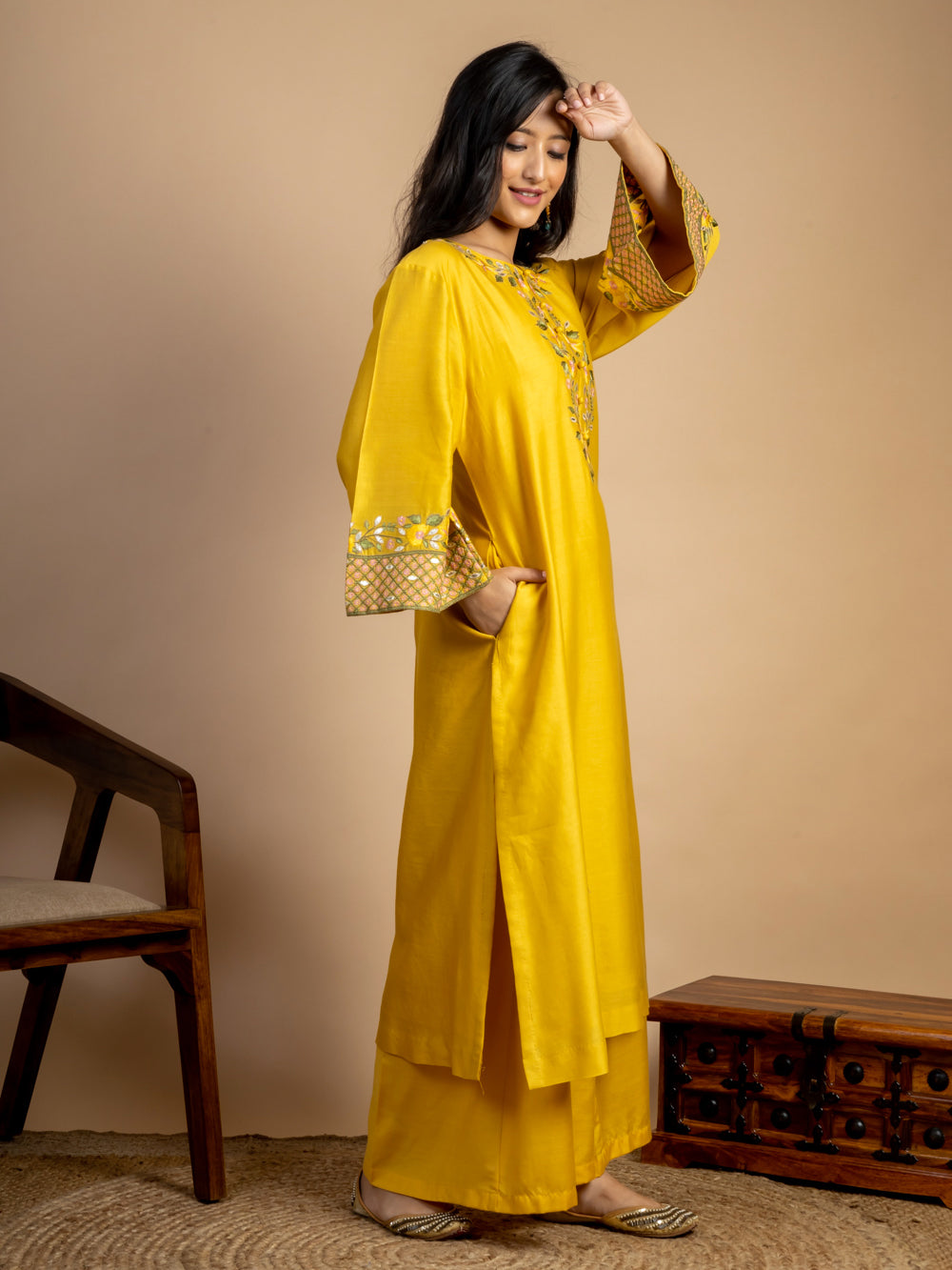 Yellow Embroidered Chanderi Kurta