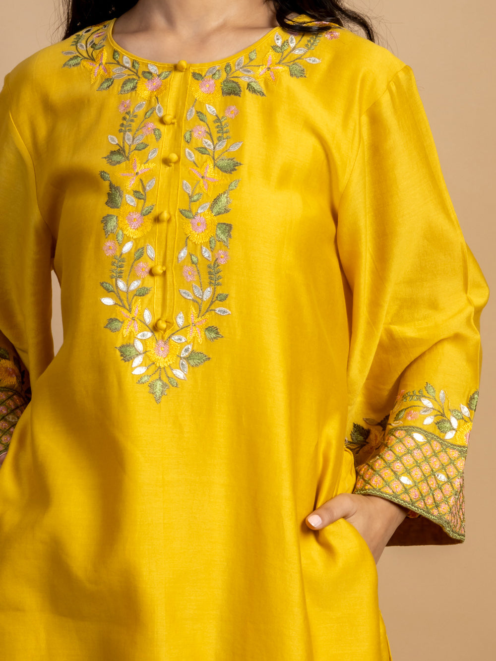 Yellow Embroidered Chanderi Kurta