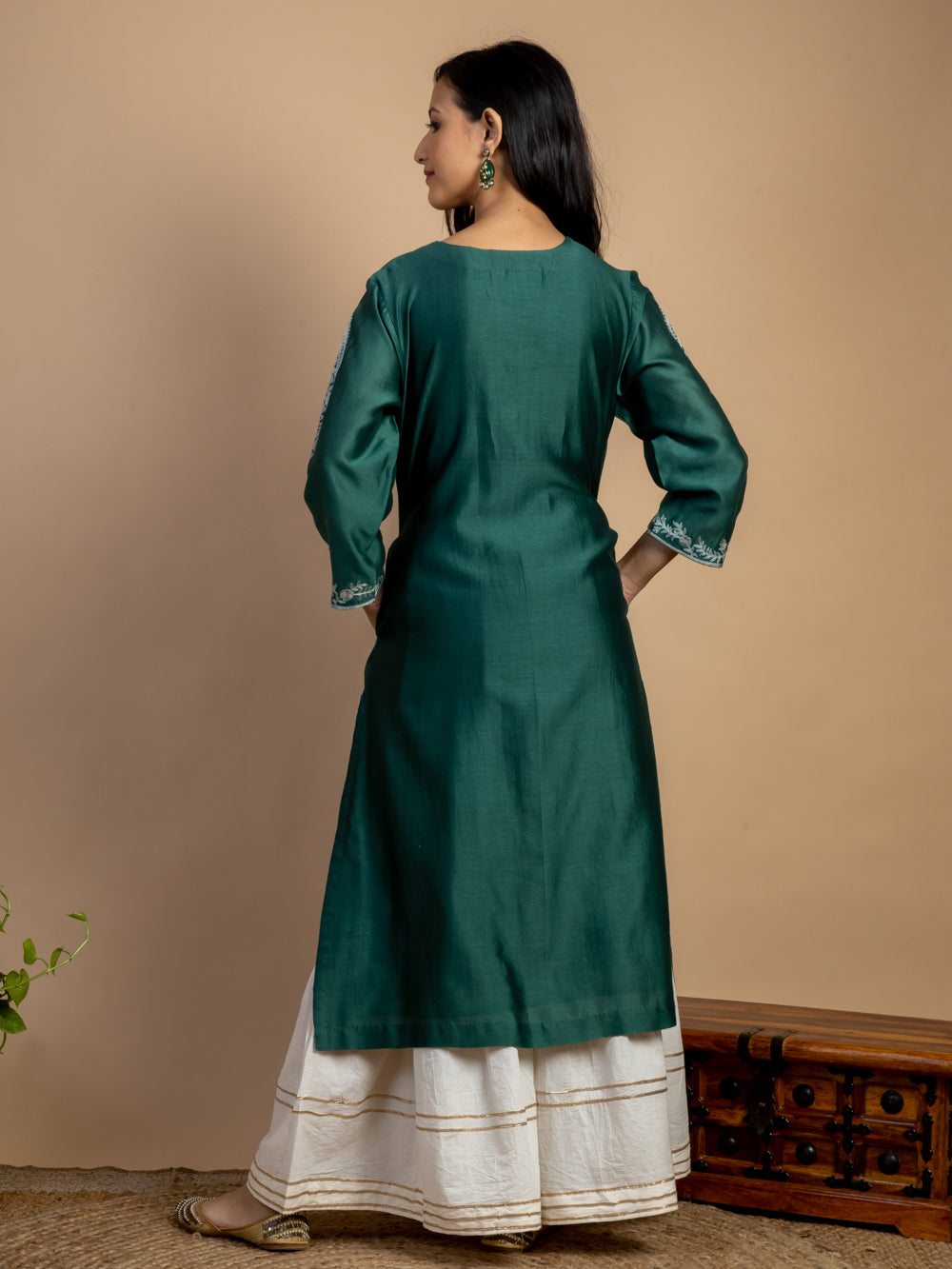 Bottle green Embroidered Chanderi Kurta