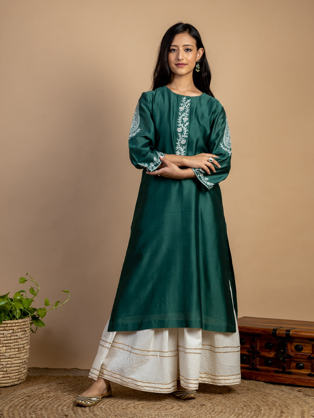 Bottle green Embroidered Chanderi Kurta