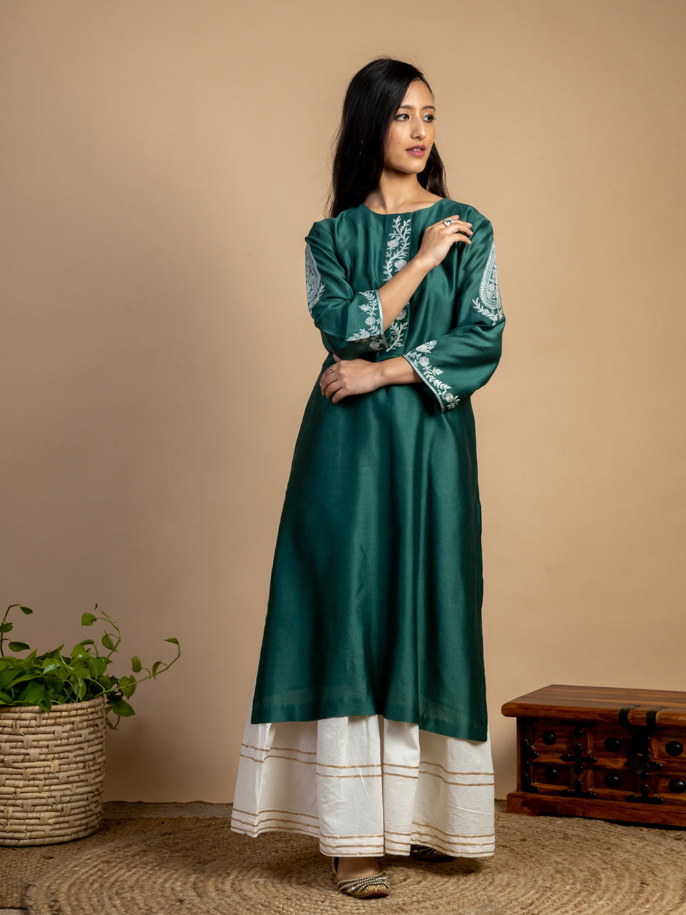Bottle green Embroidered Chanderi Kurta