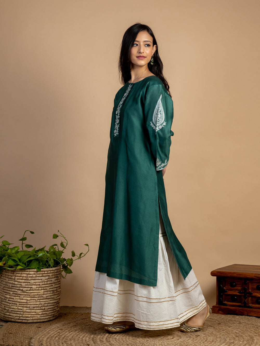 Bottle green Embroidered Chanderi Kurta