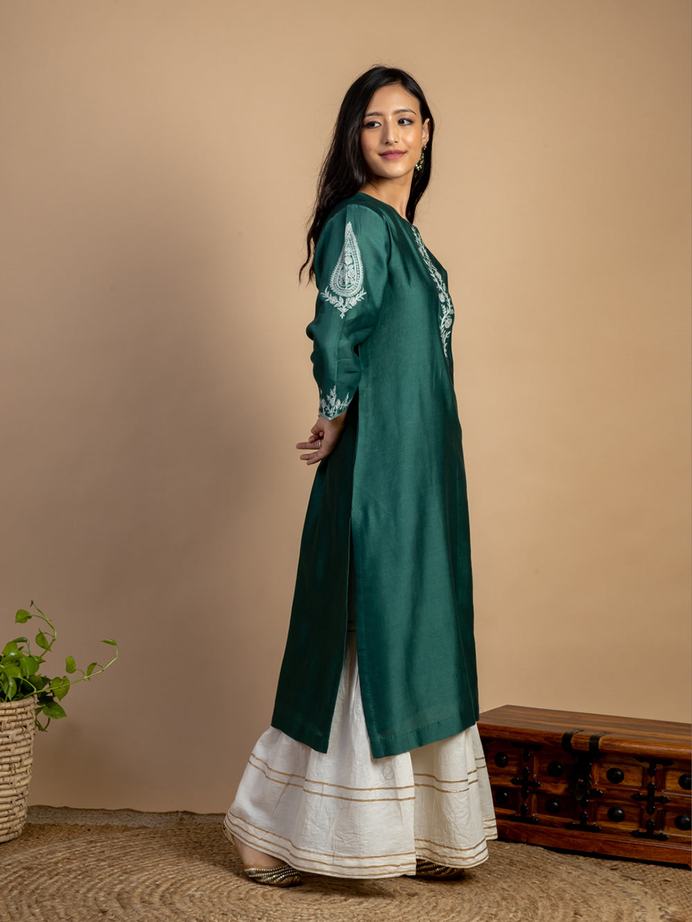 Bottle green Embroidered Chanderi Kurta