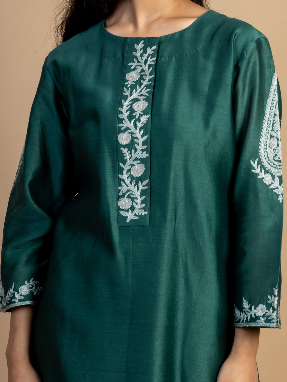Bottle green Embroidered Chanderi Kurta