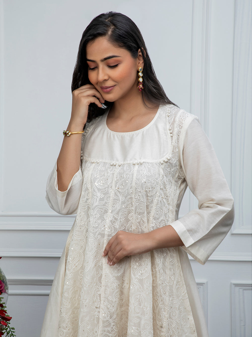Off White embroidered chanderi Kurta with churidar