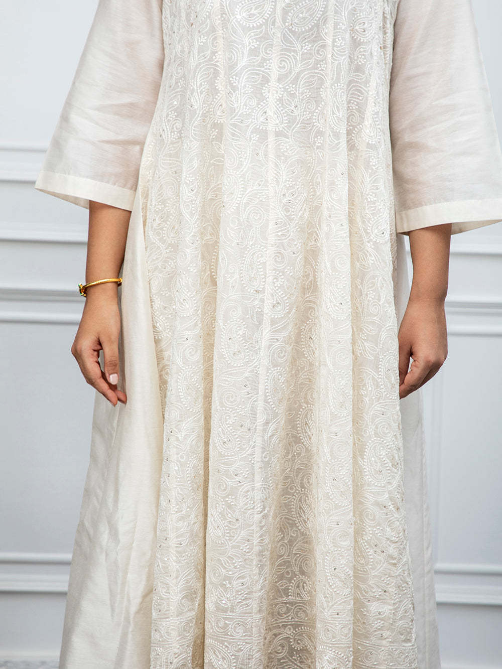 Off White embroidered chanderi Kurta with churidar