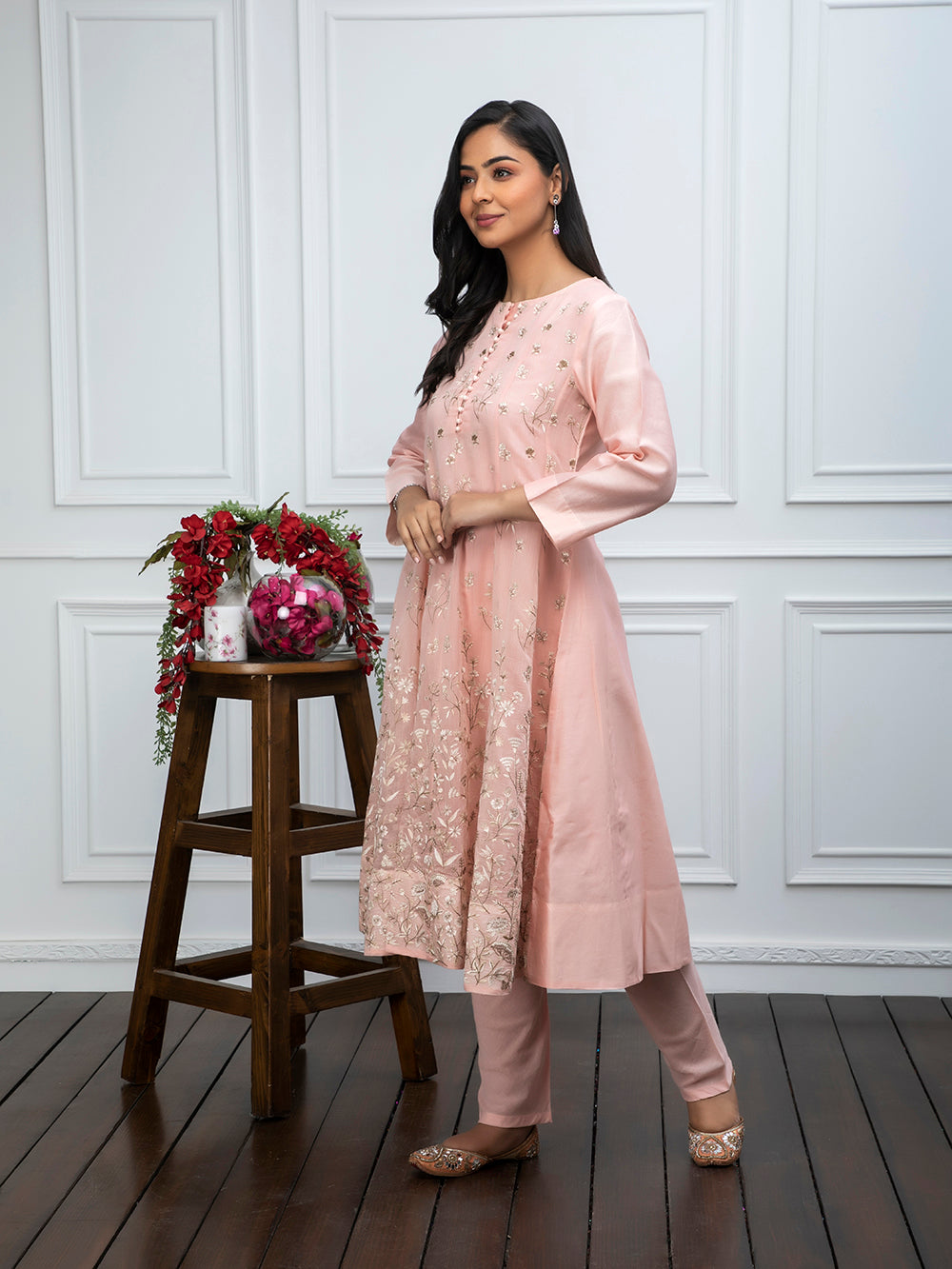 Peach Embroidered Chanderi Kurta With Churidar - Set Of 2