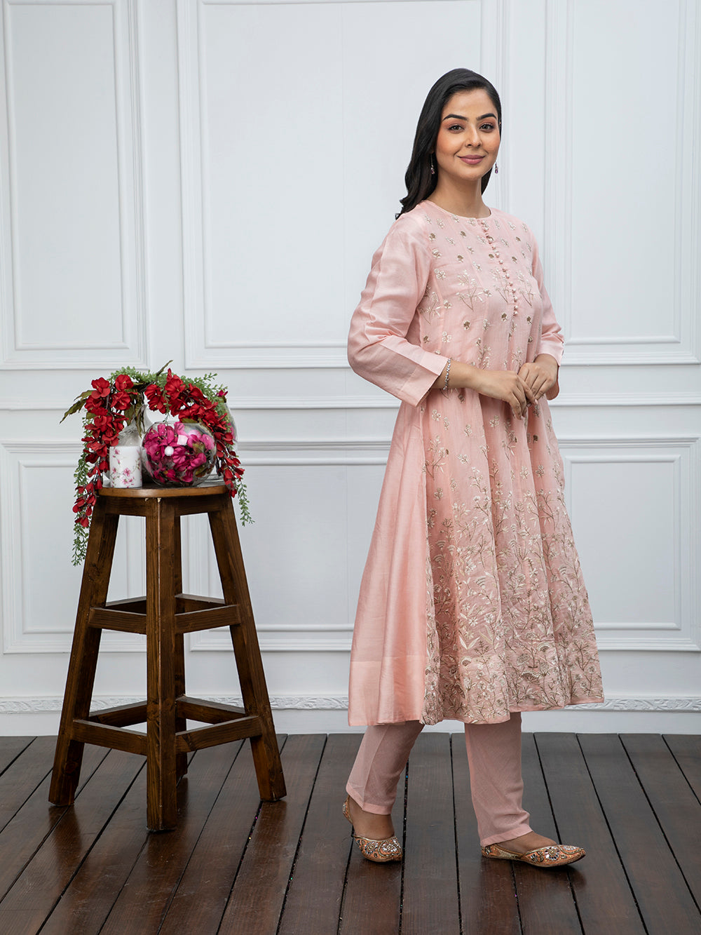 Peach Embroidered Chanderi Kurta With Churidar - Set Of 2