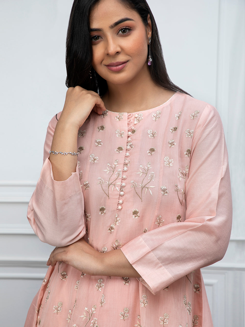 Peach Embroidered Chanderi Kurta With Churidar - Set Of 2