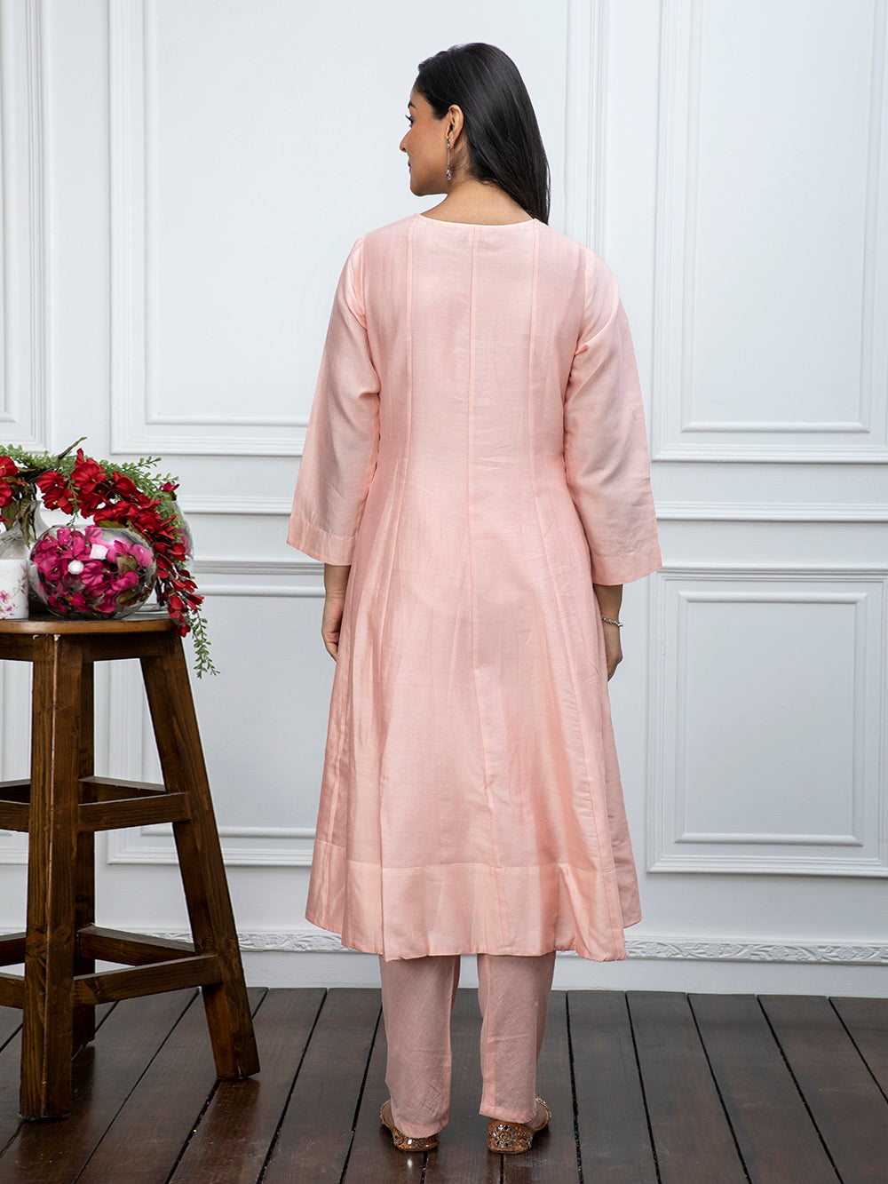 Peach Embroidered Chanderi Kurta With Churidar - Set Of 2