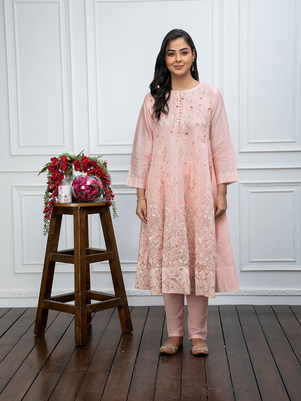 Peach Embroidered Chanderi Kurta With Churidar - Set Of 2