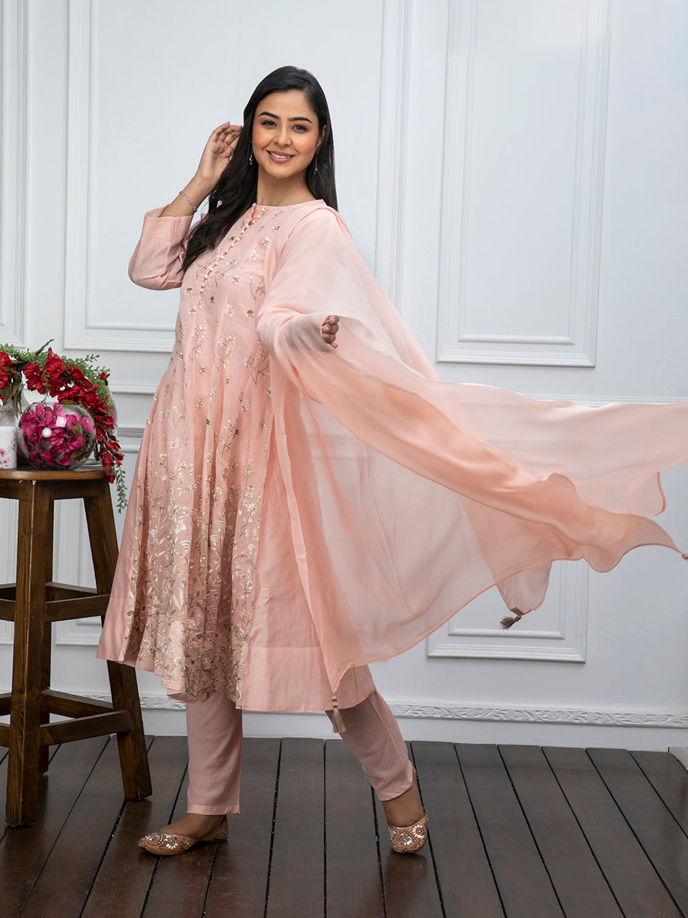 Peach Embroidered Chanderi Kurta With Churidar - Set Of 2