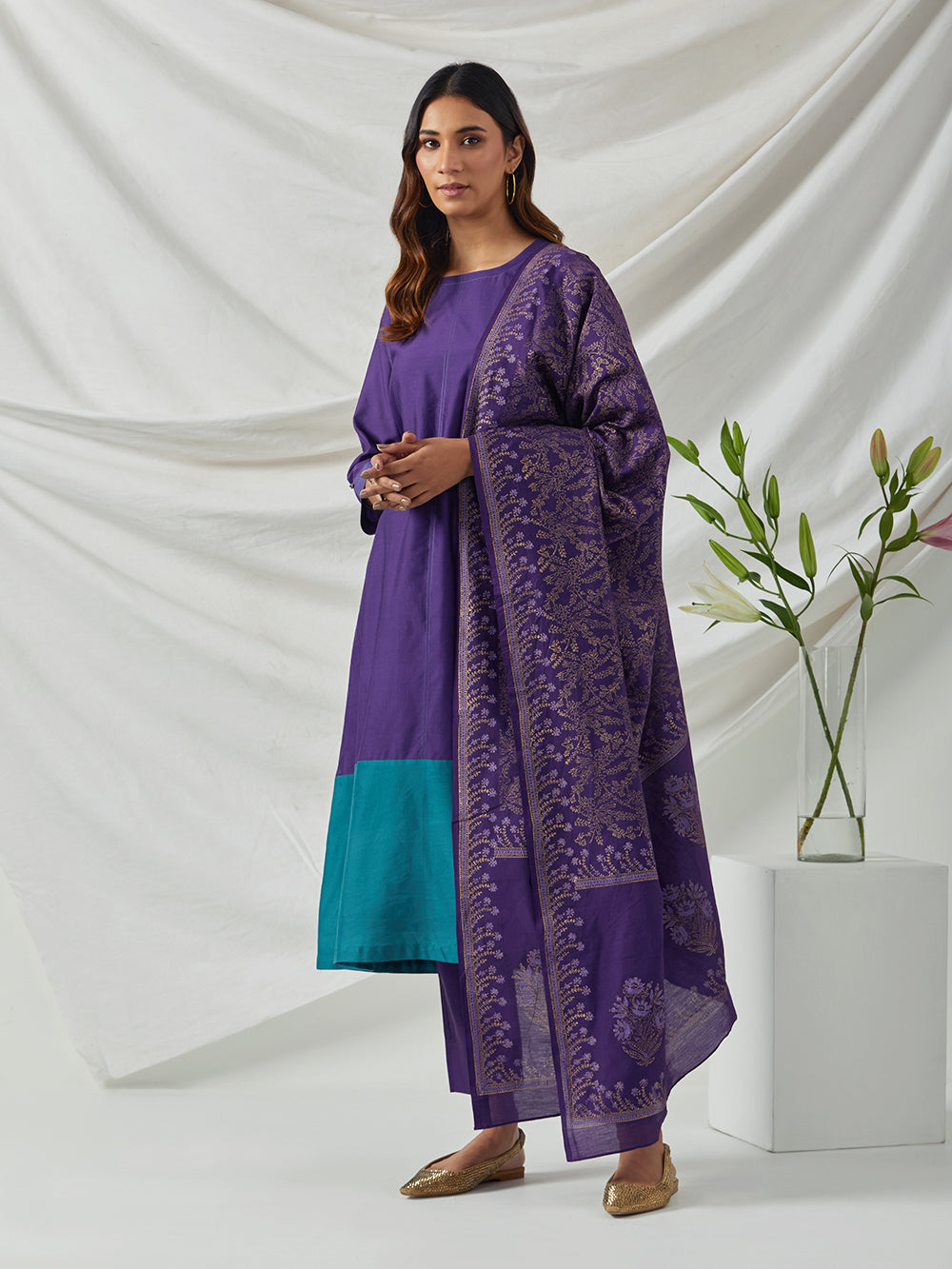 Purple Chanderi Kurta with Pants and Dupatta - Set of 3