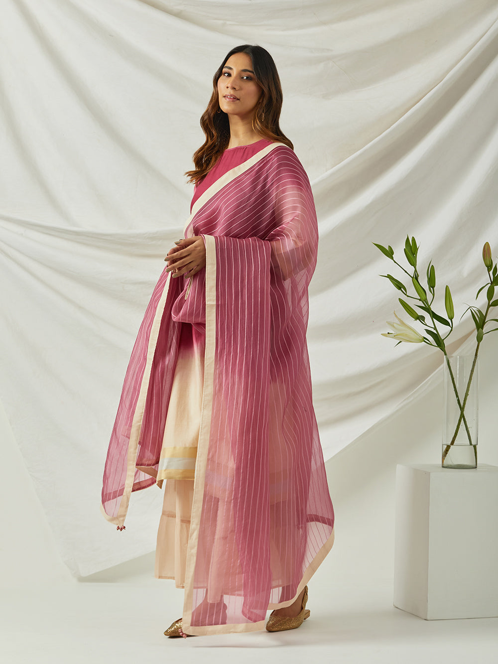 Beige & Magenta Chanderi Ombre Kurta with Sharara