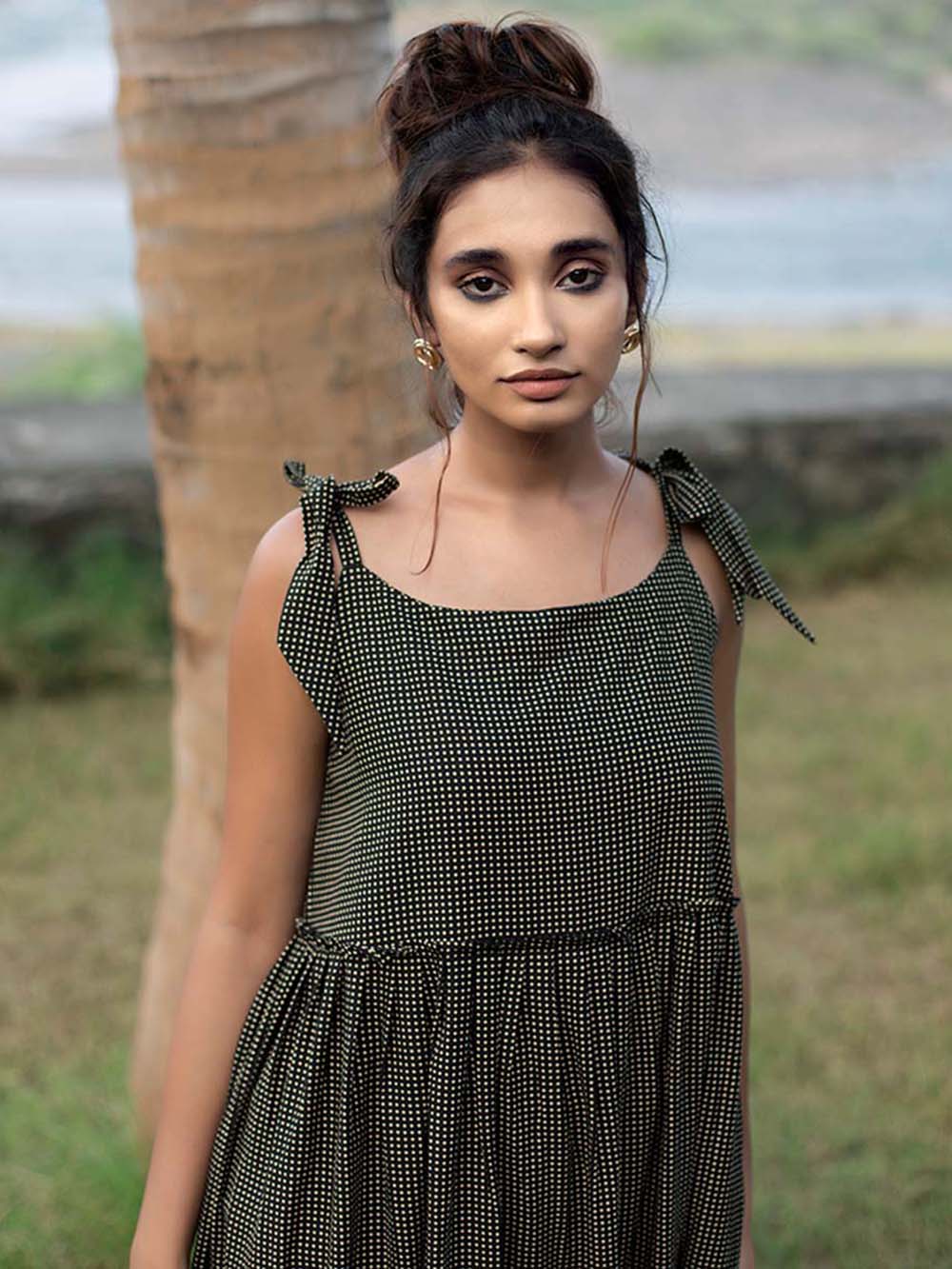 Beige Block Printed Cambric Tiered Dress