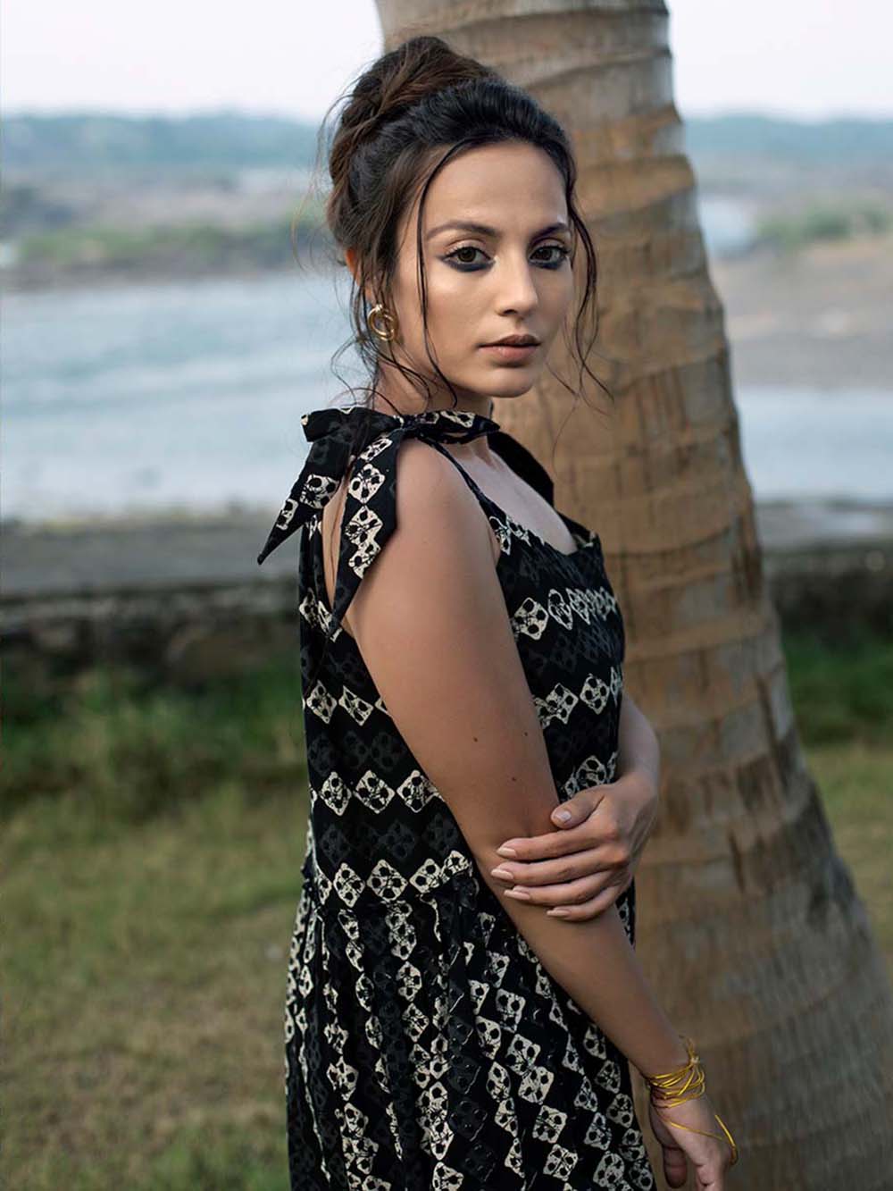 Black Block Printed Cambric Tiered Dress