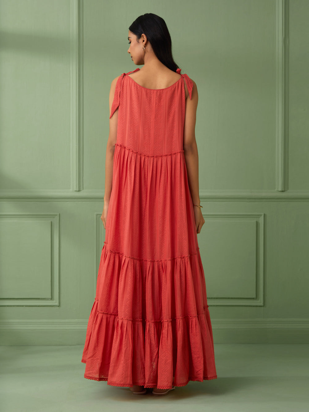 Coral Breezy Tiered Cotton Maxi Dress
