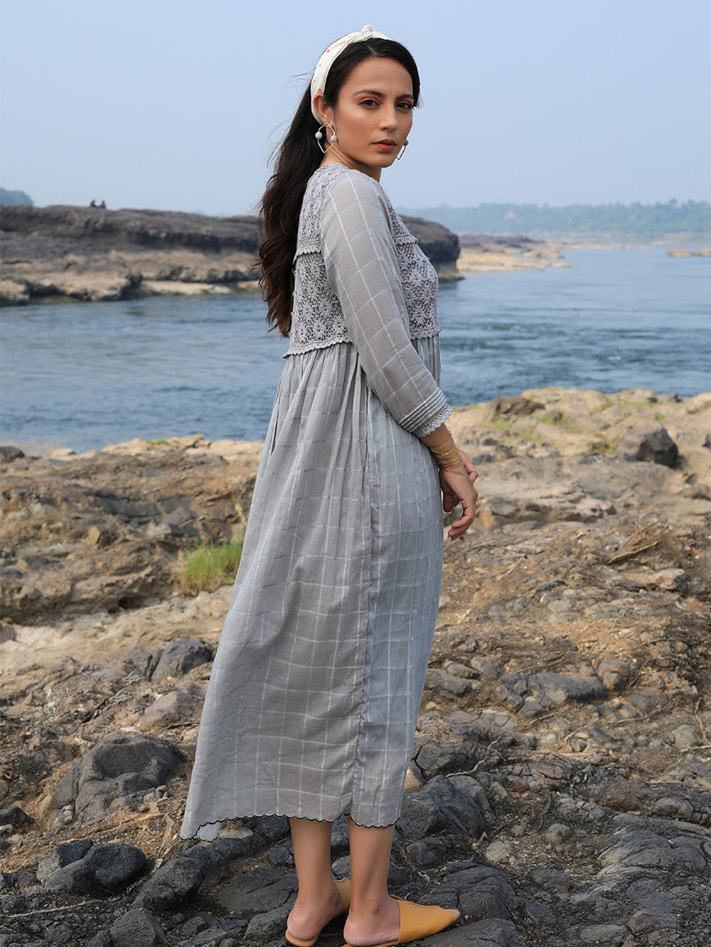 Grey Cotton Gathered Dress