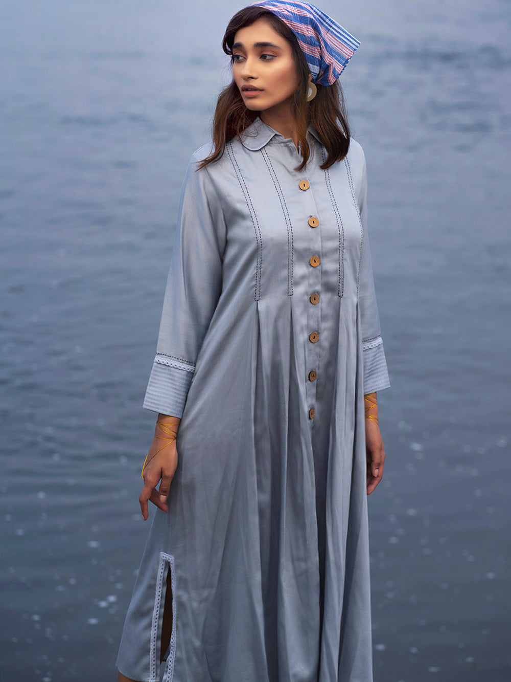 Grey Cotton Silk & Organza Shirt Dress
