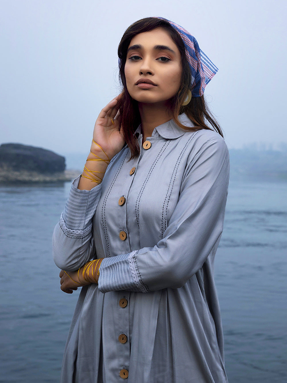 Grey Cotton Silk & Organza Shirt Dress