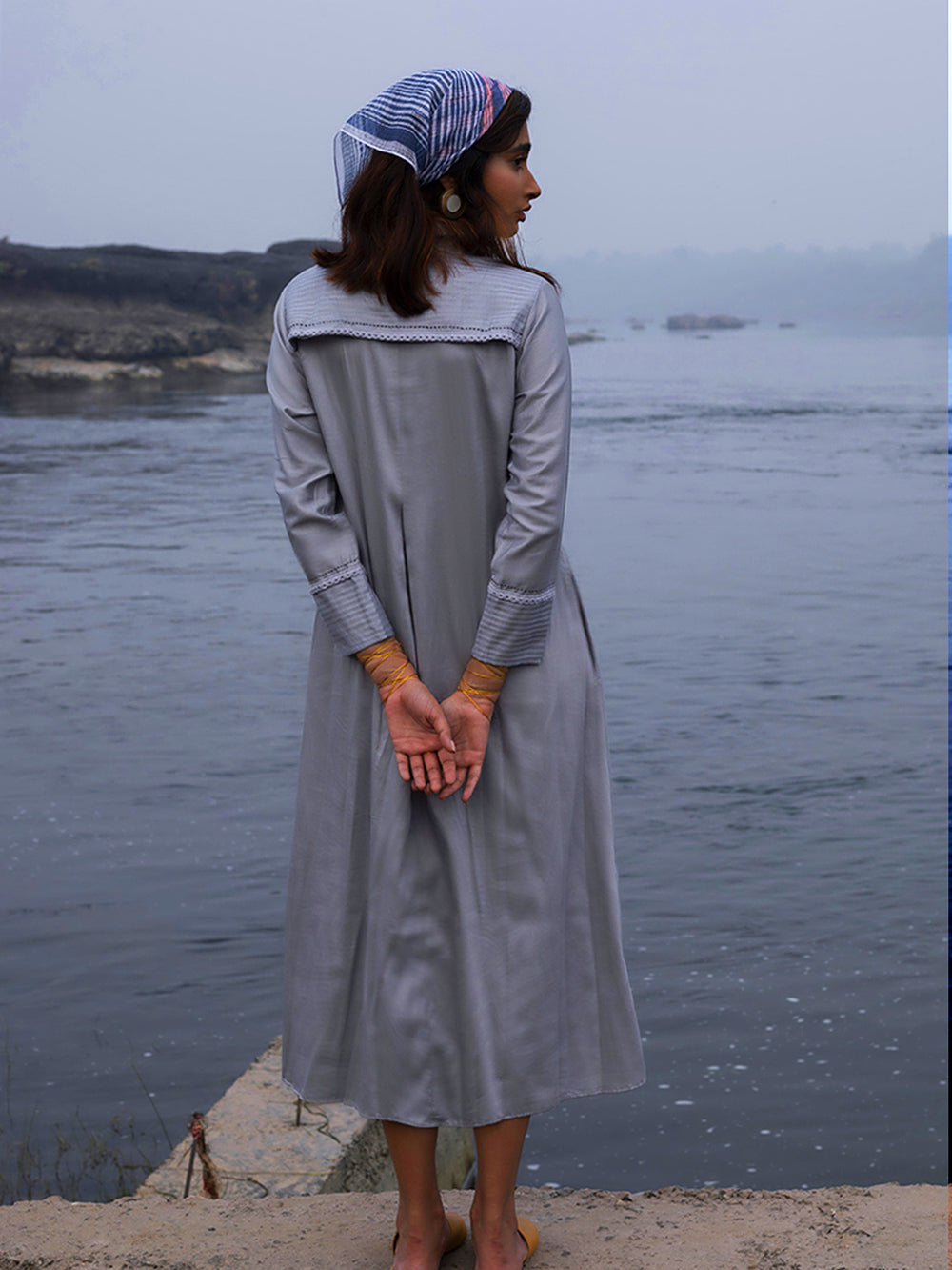 Grey Cotton Silk & Organza Shirt Dress