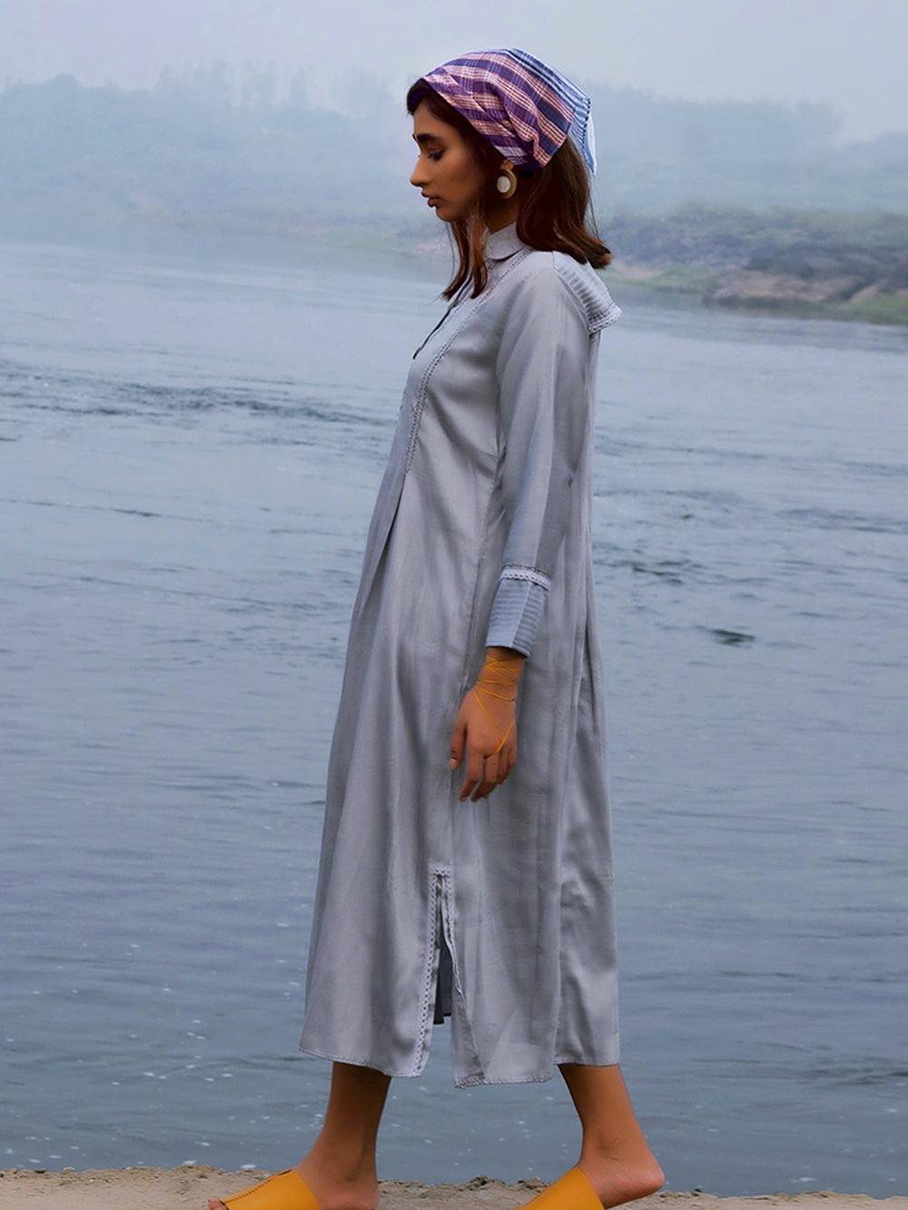 Grey Cotton Silk & Organza Shirt Dress
