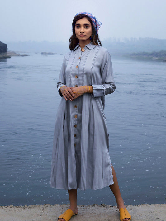 Grey Cotton Silk & Organza Shirt Dress