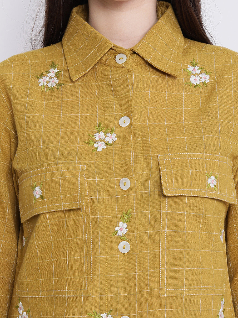 Mustard & white Embroidered cotton Shirt Dress